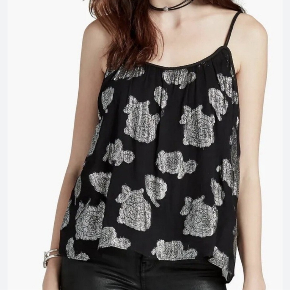 Lucky Brand Black Metallic Silver Spaghetti Strap Top Blouse S Dark Floral